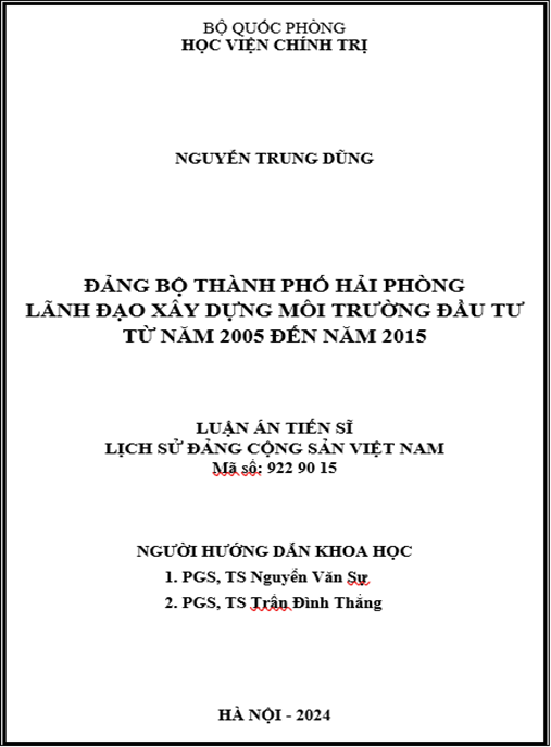 Đảng bộ thành phố Hải Phòng lãnh đạo xây dựng môi trường đầu tư từ năm 2005 đến năm 2015 – Tác phẩm nghiên cứu sâu sắc về phát triển kinh tế