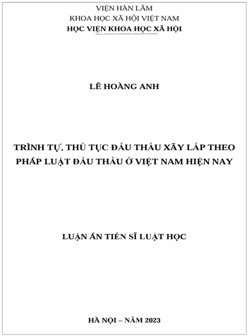 Luận án Trình tự, thủ tục đấu thầu xây lắp theo pháp luật đấu thầu ở Việt Nam hiện nay – Ebook chuyên sâu
