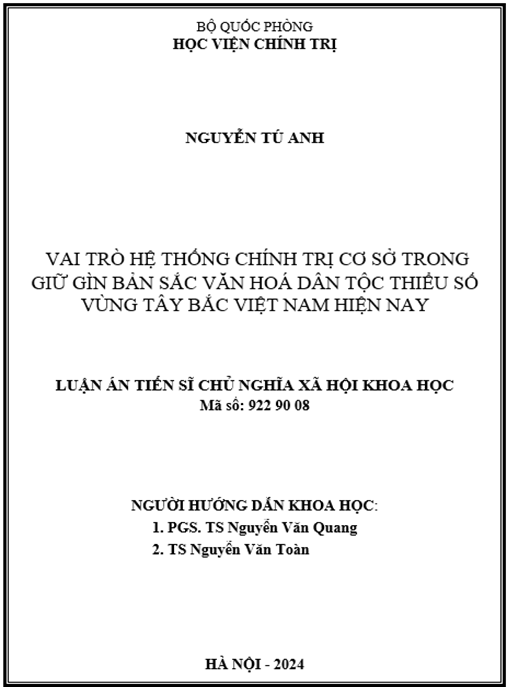 TẢI PDF: Luận án Vai trò hệ thống chính trị cơ sở trong giữ gìn bản sắc văn hoá dân tộc thiểu số vùng Tây Bắc Việt Nam hiện nay