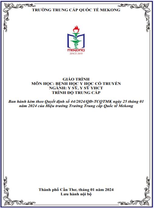 Giáo trình Bệnh học Y học cổ truyền – Tài liệu chuẩn Y sỹ Trung cấp