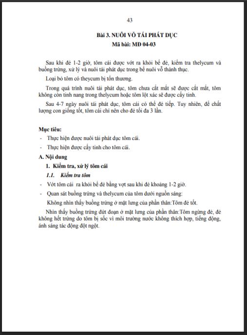 Giáo trình Mô đun Cho tôm đẻ Phần 2 – Bí quyết nuôi vỗ tôm tái phát dục thành công