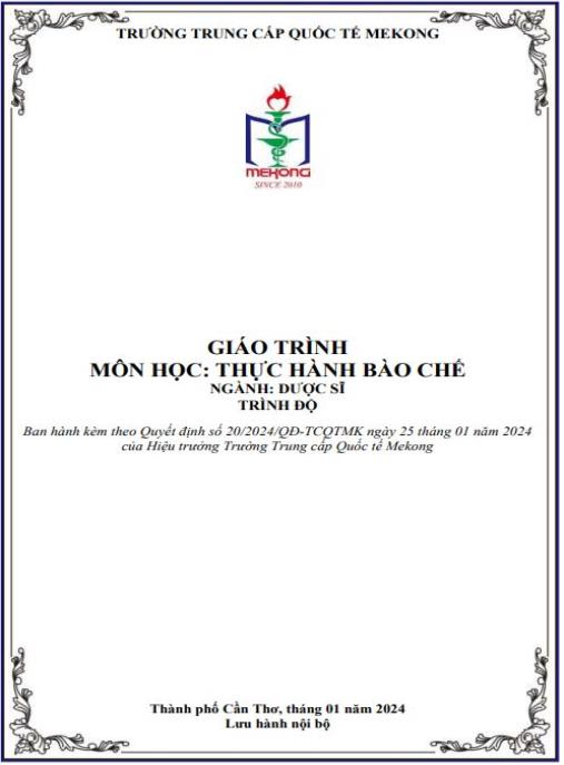 Giáo trình Thực hành Bào Chế – Hướng Dẫn Thực Hành Chuyên Sâu Dược Sĩ Trung Cấp