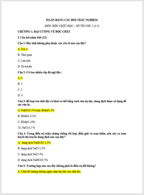 Ngân hàng câu hỏi trắc nghiệm Độc chất học – Tài liệu ôn thi y dược đỉnh cao